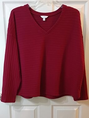 Time and Tru Ribbed V-Neck Sweater Top - Burgundy
